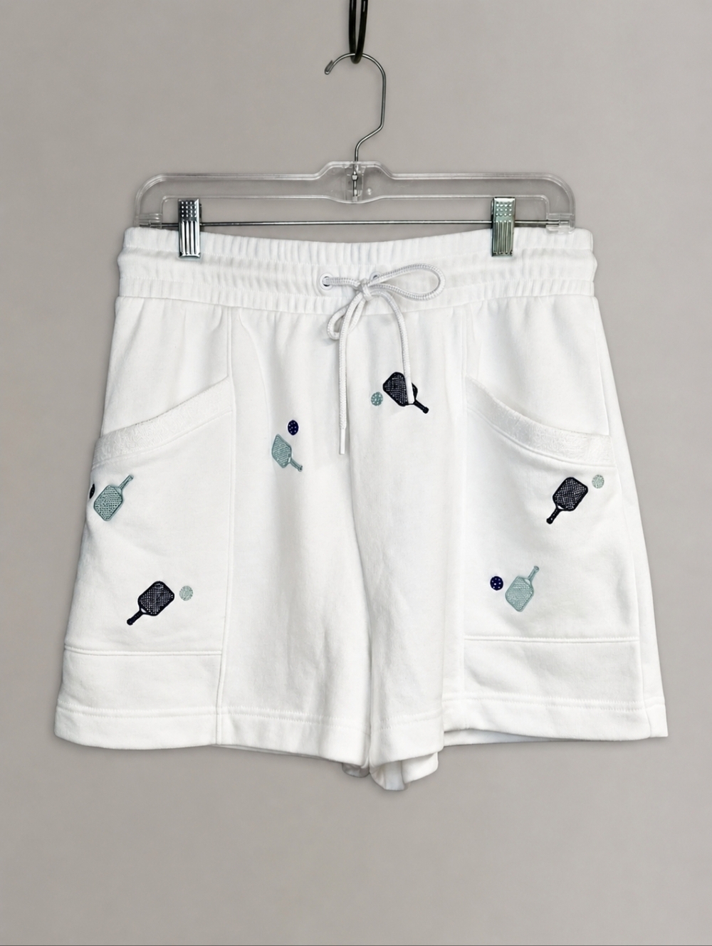Lou & Grey Pickleball Embroidered White Athleisure French Terry Sporty Shorts